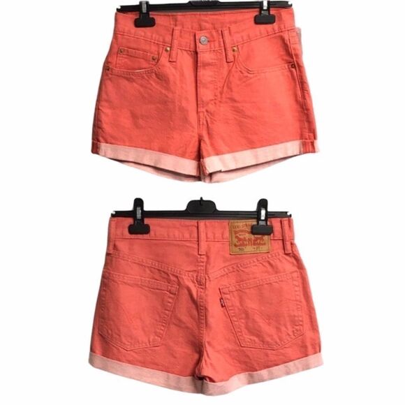 Levi’s 501 Coloured Denim Jean Shorts With Cuff Coral 27 - Picture 2 of 6